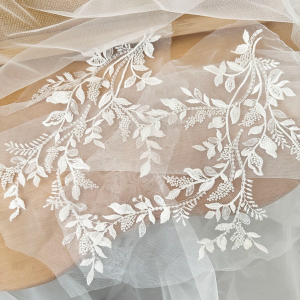 1 paire de paires d'appliques en dentelle de broderie florale en coton perlé 3D, voile de mariée robe de mariée bretelles casquettes motif en dentelle