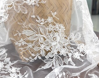 Classic Floral Corded Eyelash Lace Fabric - Handmade Alençon Lace Bridal Embellishments for Wedding Dresses