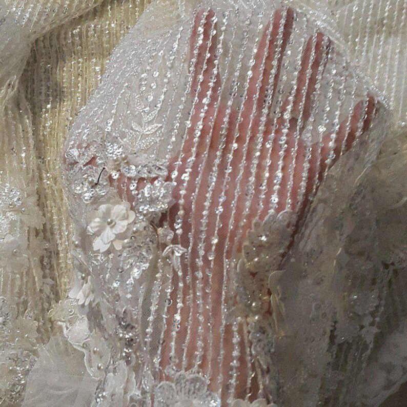 1 yard Exquisite 3D Pearl Beaded Flower Lace Fabric for Haute Couture Wedding Gonw Couture Dress