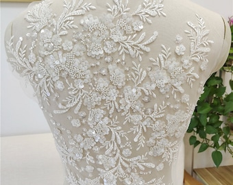 LARGE Heavy beaded bridal Applique - IVORY - Venice lace beaded applique big size, Luxury wedding appliqué, Illusion back appliqué