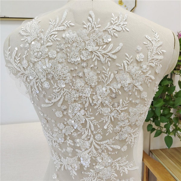 LARGE Heavy beaded bridal Applique - IVORY - Venice lace beaded applique big size, Luxury wedding appliqué, Illusion back appliqué