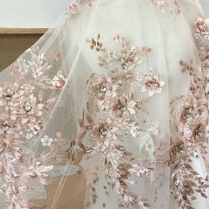 Metlic Blush 3D Flower rhinestone beaded sequins lace fabric For wedding dress stage clothing evening dress BY YARD