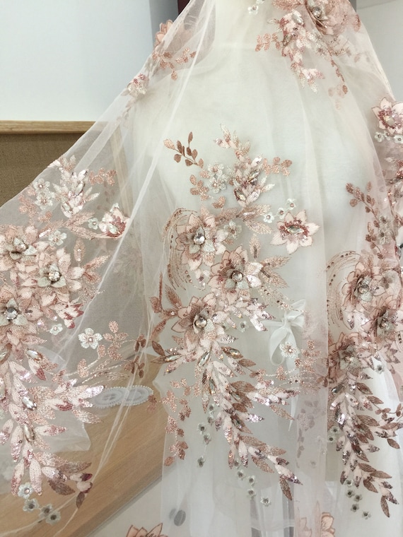 カタログギフトも！ Metlic Blush 3D Flower Rhinestone Beaded Sequins Lace Fabric ワンピース