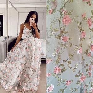 Dusty Pink 3D Blossom Flower Organza Lace Fabric , Ivory Oganza Printing Leaf Floral Fabric By The Yard