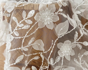 Tela de encaje con cuentas 3D de alta costura hecha a mano con roseta Shabby Chic, tela para vestido de novia, cortada a medida