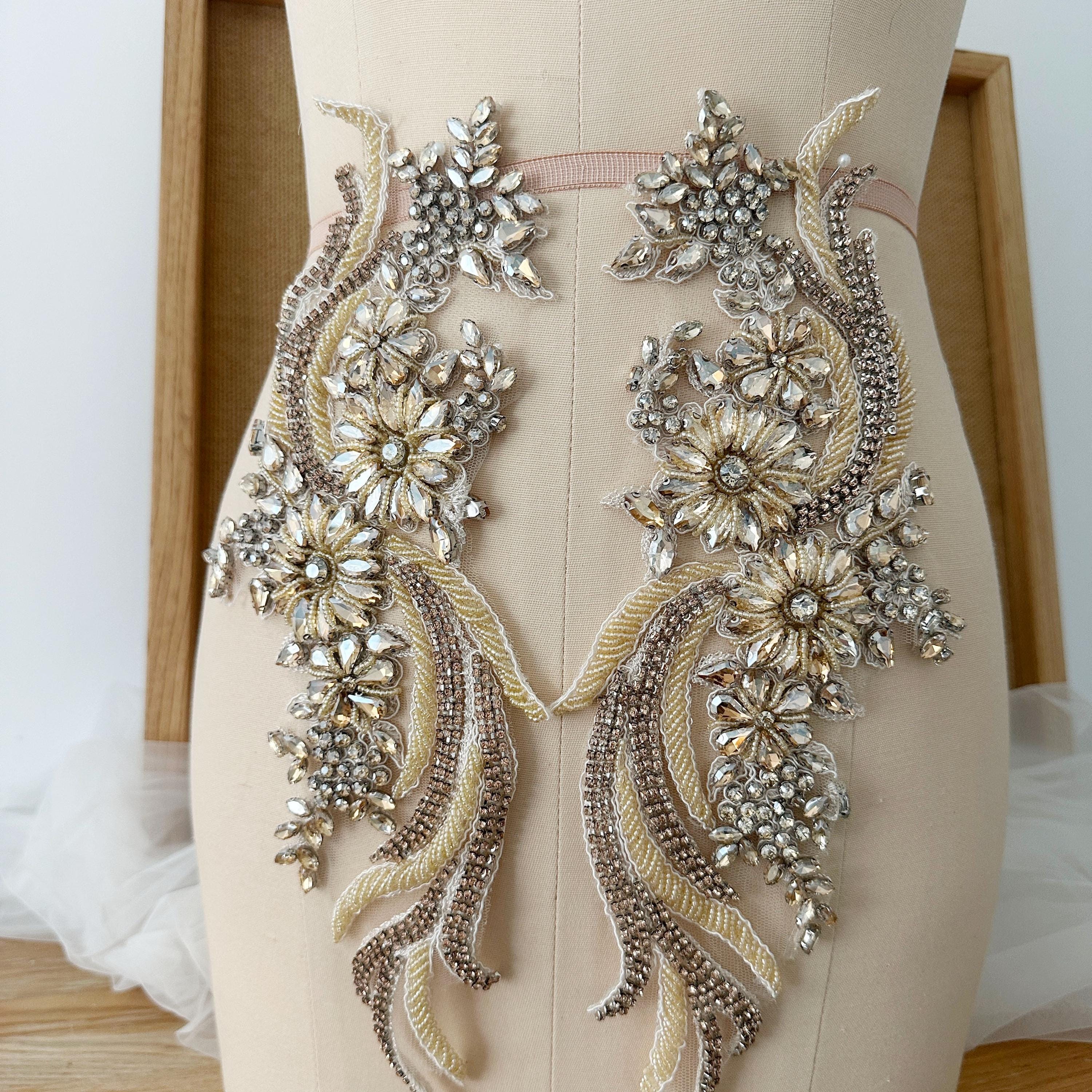 Champagne Rhinestone Micro Champagne Rhinestone Beaded Applique Pair, Handmade Bridal Crystal ...
