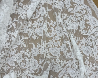 French Alencon lace fabric in ivory with leaf pattern, wedding gown bridal dress fabric , scalloped fabric
