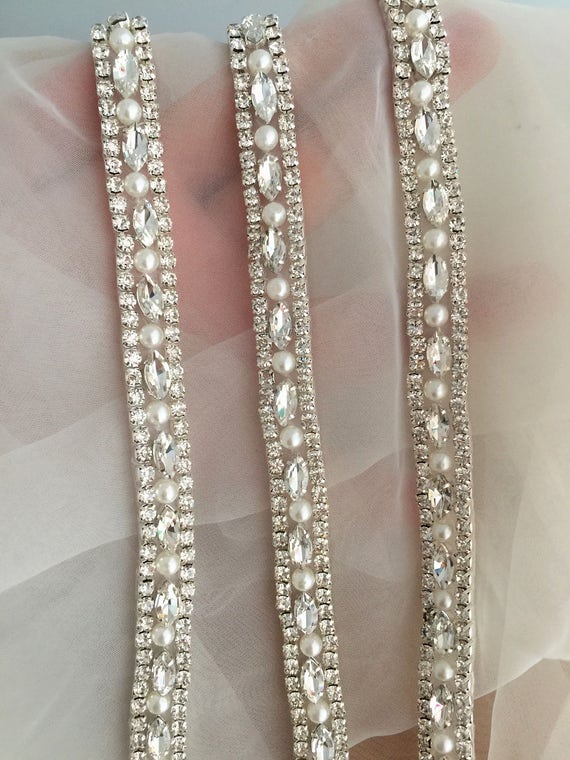 1 3/4 Rose Gold Pearl Beaded Crystal Rhinestone Trim (sold by