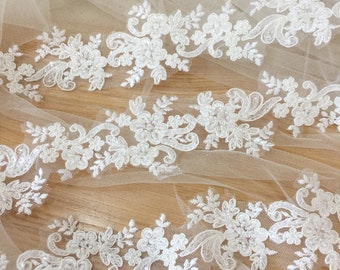 5 Yards Ivory Beaded Alencon Lace Trim , Bridal Veil Lace, Scallop Wedding Gown Lace Trim , Bridal Dress Straps