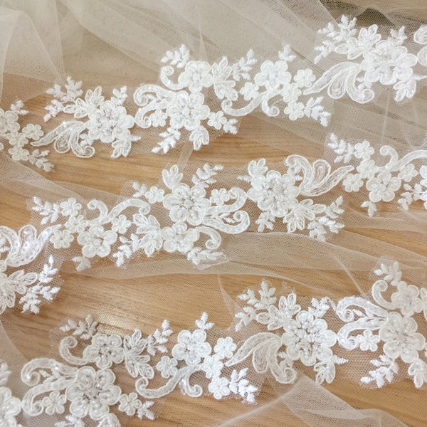 5 Yards Ivory Beaded Alencon Lace Trim , Bridal Veil Lace, Scallop Wedding Gown Lace Trim , Bridal Dress Straps
