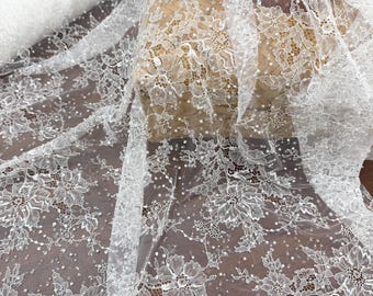 3D beading Bridal lace fabric with clear sequin French lace fabric for wedding gown