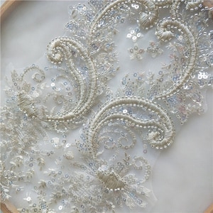 Aplique de renda de noiva com miçangas 3D e lantejoulas em fio prateado, aplique de renda de corpete de noiva