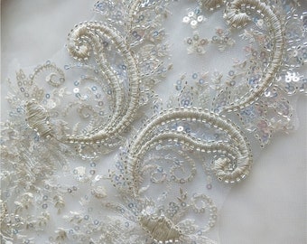 3D beaded bridal lace applique with sequins on silver thread setting , bridal bodice lace appluque