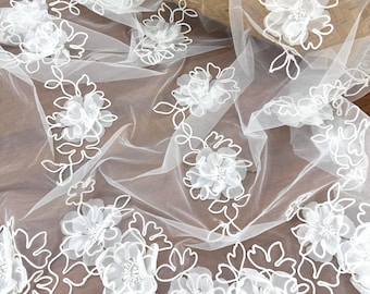 3D Beaded Flower Tulle Embroidery Lace Fabric , Soft 3D Petals