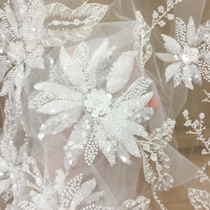 Luxury 3D beaded haute couture fabric lace by yard, bridal gown wedding dress tulle sequin fabric in off white