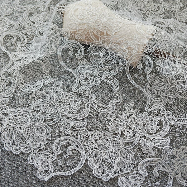 1 Yard Exquisite Alencon Lace Fabric with Circles in Warm White, Floral Emrboidery Fabric for Wedding Gown, Lace Caps, Bridal Veils