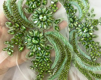 Apple Green Rhinestone Crystal Applique Pair, Bridal Sash, Wedding Gown
