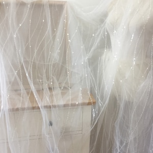 Fancy Beaded Bridal Tulle Lace Fabric Stripe Clear Sequin Fabric in Ivory for Bridal Cape Wedding Gown Overlay Fabric