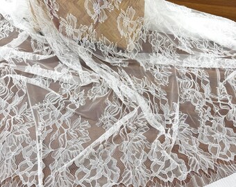 3 yards off white Chantilly lace fabric, bridal chantilly lace, French lace fabric with scalloped borders, ivory lace fabric with eyelash