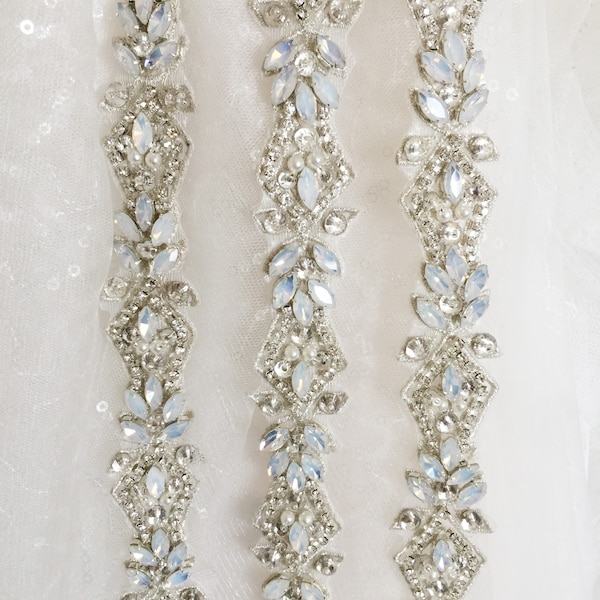 Luxe fine opale argent strass brodé de perles garniture de ceinture de mariée robe de mariée ceinture