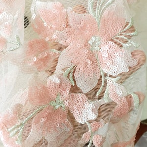 1 Yard Pink Sequin applique bridal tulle lace fabric , couture wedding dress lace fabric with exquisite sequin applique fabric