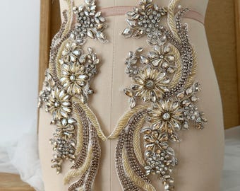 Champagne strass kralen appliqué, handgemaakte bruids kristal strass kant statement voor bruids sjerp bruiloft riem toga bandjes