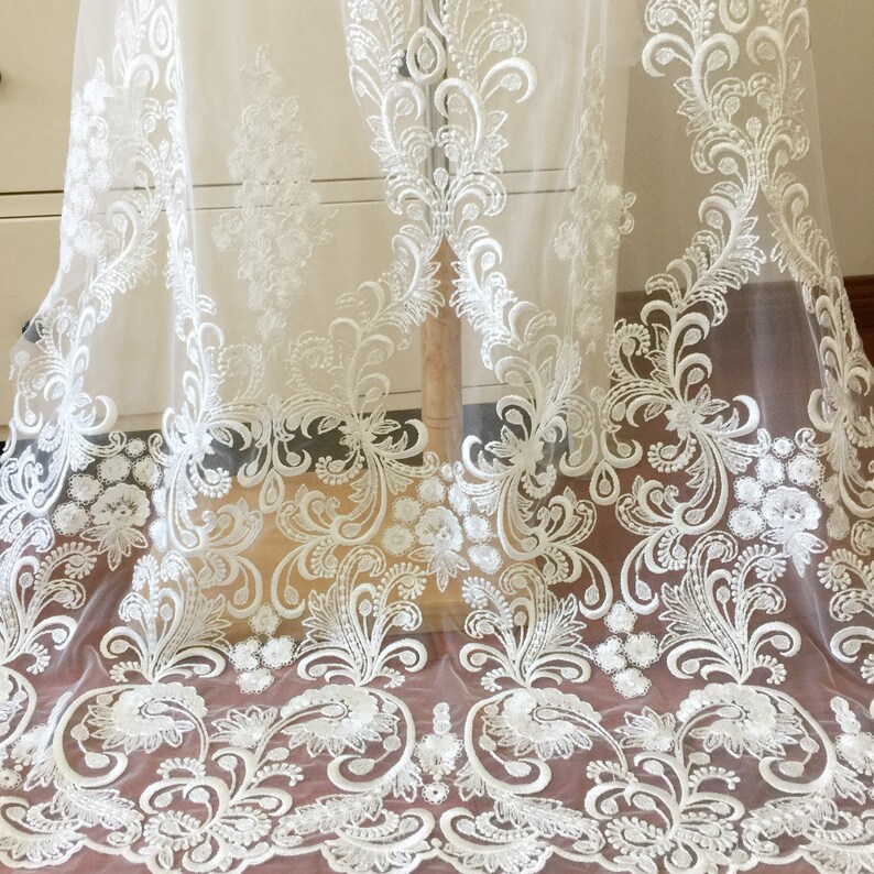 Exquisite Clear Sequin Haute Couture Lace Fabric in Off White Wedding Gown Birdal Lace Fabric Flower Embroidery Lace by Yard