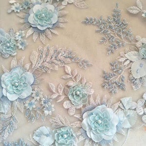 Fresh 3D Beaded Applique Flower Lace Fabric for Prom Dress, Haute Couture Fabric