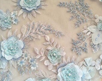 Fresco 3D cuentas aplique flor encaje tela para el vestido de fiesta, tela de alta costura
