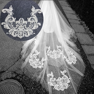 1 pc Exquisite  3D Silver Beaded bridal bodice lace applique , wedding veil wedding gown back applique lace motif