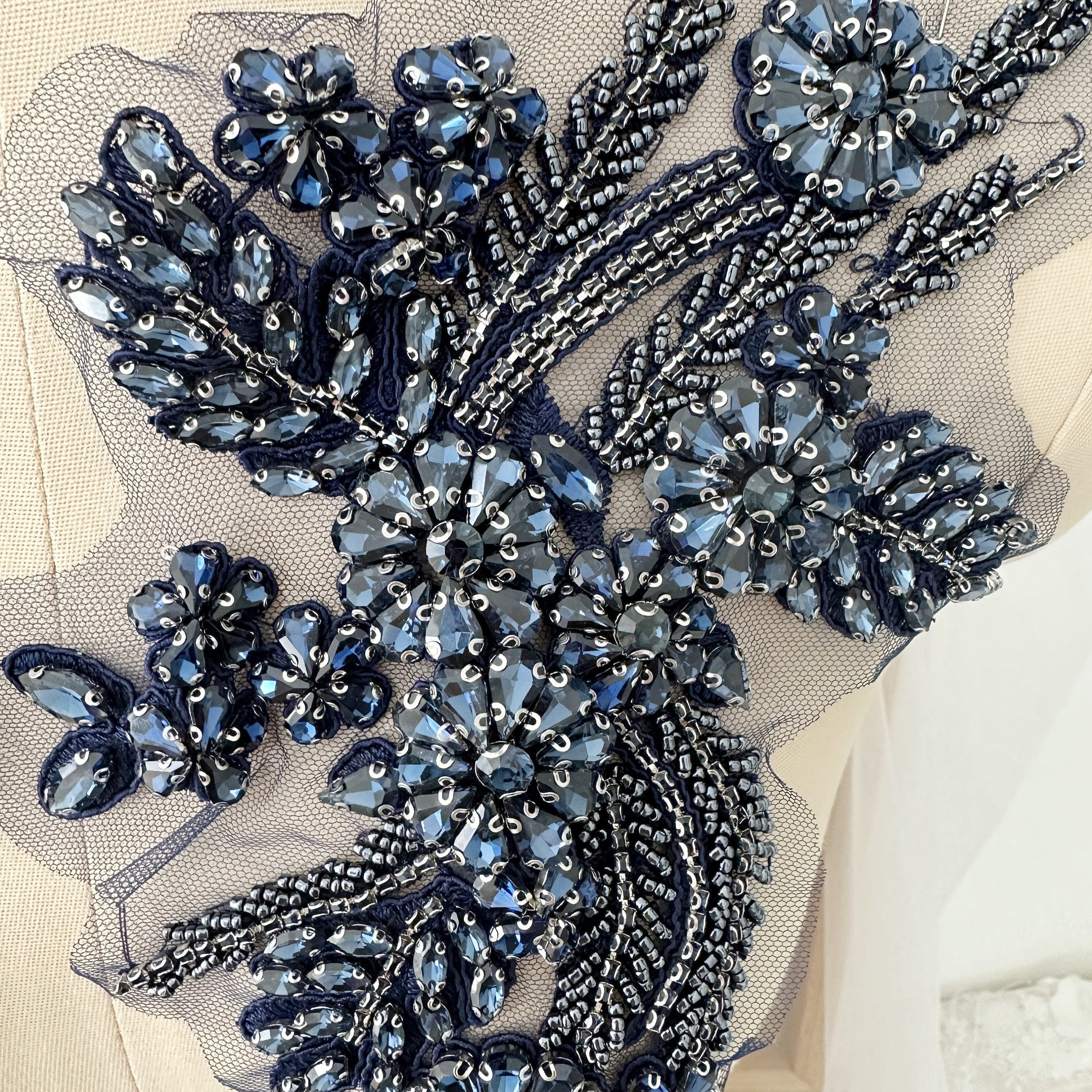 Navy Rhinestone Beaded Lace Applique Pair , Wedding Gown Bridal Dress ...