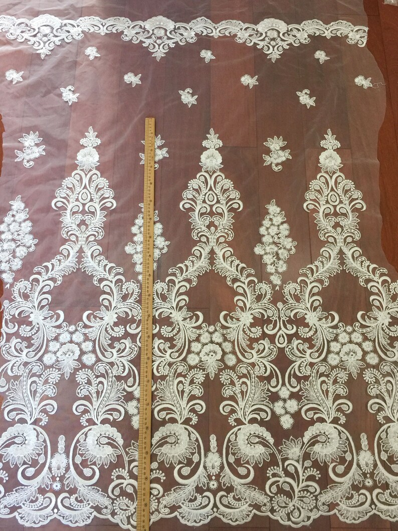 Exquisite Clear Sequin Haute Couture Lace Fabric in Off White Wedding Gown Birdal Lace Fabric Flower Embroidery Lace by Yard