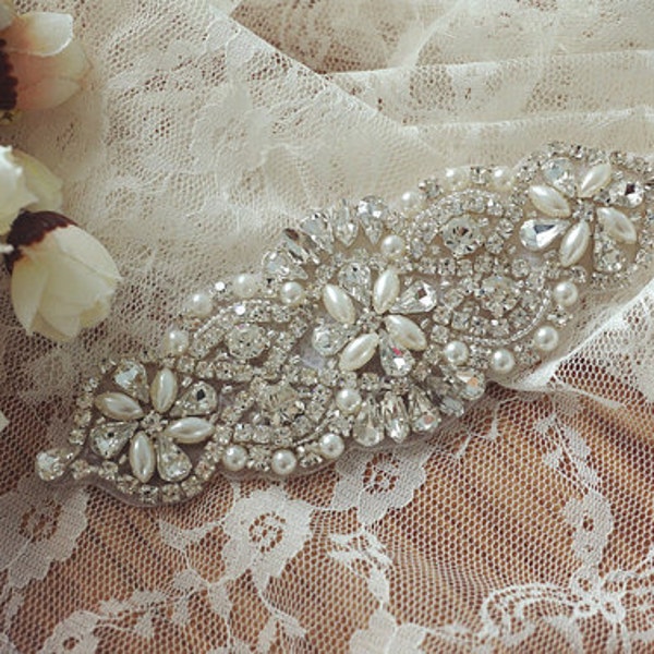 SALE Crystal Beaded Applique, Rhinestone Applique, Wing Applique Sashes Fascinators Headbands Apparel Wedding Bridal