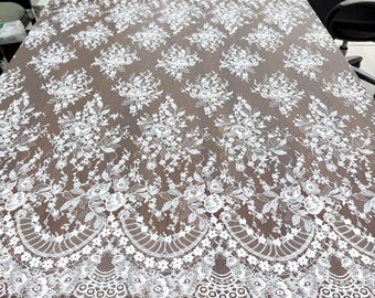 3 yards off white Chantilly lace fabric, bridal chantilly lace, French lace fabric with scalloped borders, ivory lace fabric with eyelash
