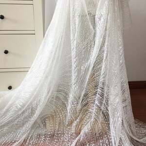 Peut inclure: Tulle blanc avec un motif d&eacute;licat de petits points et lignes blancs. Le tissu est transparent et a une texture douce et fluide.
