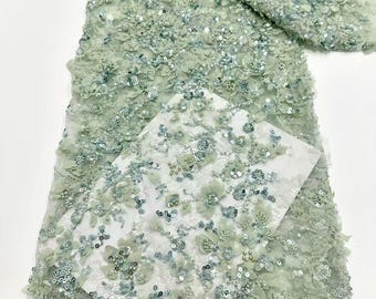 Haute couture mint kantstof, 3D-rozet kralenstof op maat gesneden