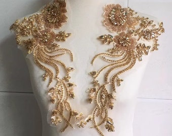 1 paire d'appliques en dentelle perlée strass or jaune, accessoires d'embellissement de robe de mariée pour robe de mariée, applique ornithologique de perles de cristal