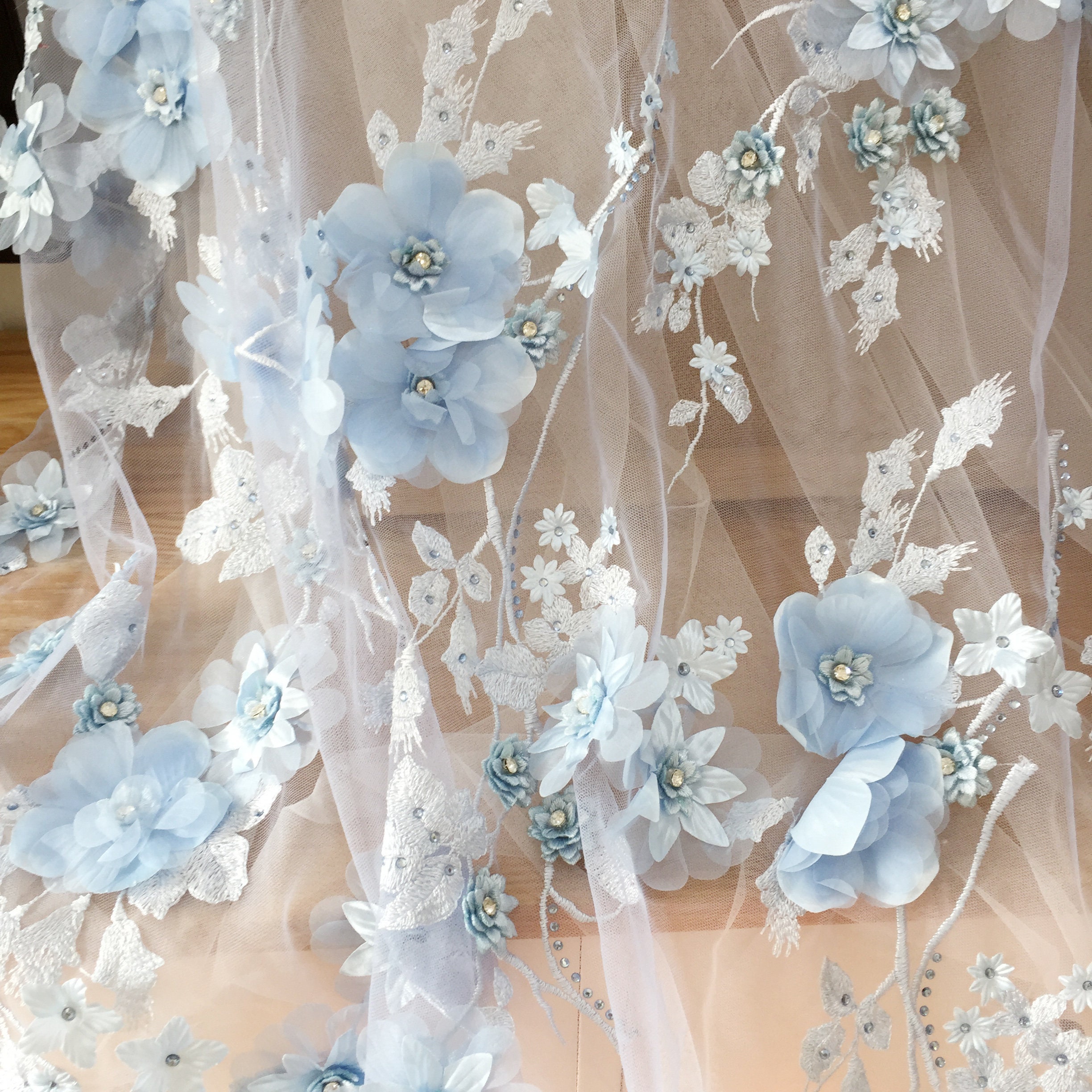 Luxury 3D Beaded Flower Lace Fabric in Sky Blue , Scallop