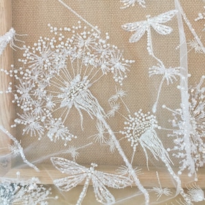 Ivory 3D Beaded Tulle Lace Fabric with Dandelion Dragonfly Haute Couture Weddiing Gown Beach Dress DIY Flower Fabric by Yard