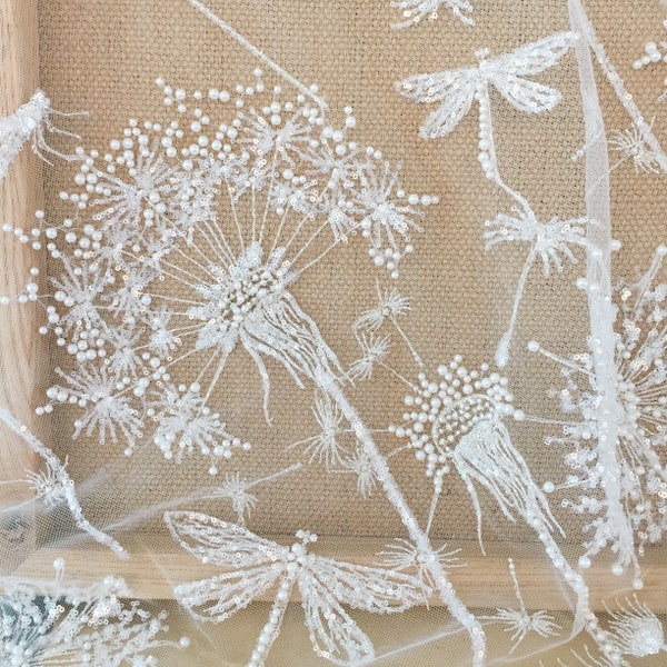 Ivory 3D Beaded Tulle Lace Fabric with Dandelion Dragonfly Haute Couture Weddiing Gown Beach Dress DIY Flower Fabric by Yard