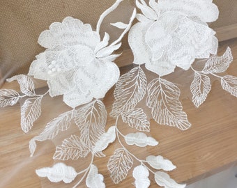 Flower Lace Applique for Wedding Dress, Light Ivory, Sequin Lace Applique, Unique Mirrored Pair, Soft Shine Lace Applique Bridal