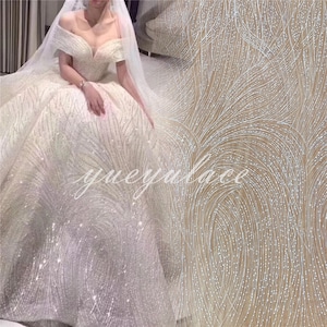 Geometric Embroidery Lace Fabric by Yard with TRANSLUCENT Sequins , Birdal Gown Couture Fabric in Off White