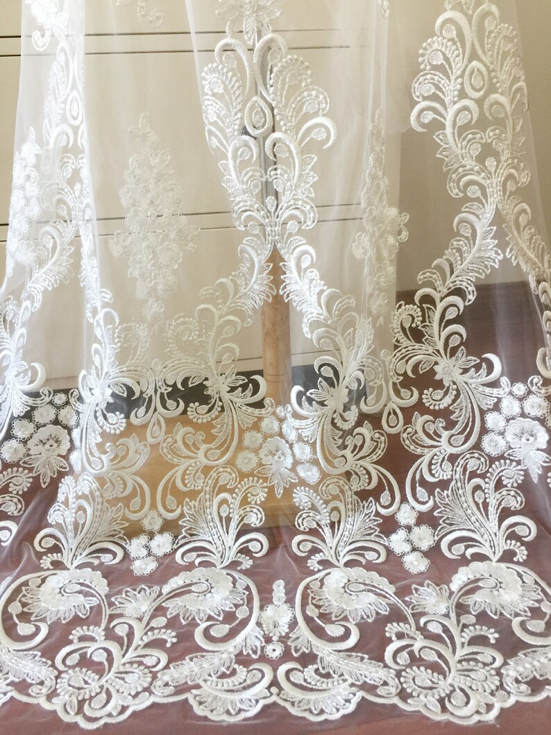 Exquisite Clear Sequin Haute Couture Lace Fabric in Off White Wedding Gown Birdal Lace Fabric Flower Embroidery Lace by Yard