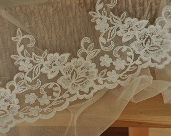 Ivory French Alencon Lace Trim with Floral for Veils, Wedding, Bridal Showers