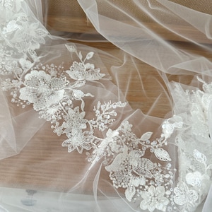 1 Yard Luxury 3D Beading Trim in Ivory Bodice 3D Tulle Beaded Crystal Applique Veil Applique