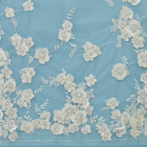 3D Beaded Lace Fabric, Embroidered Flower Applique Wedding Gown Fabric, French Fabric with Applique