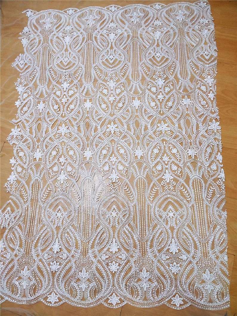 Quality Translucent Sequin Lace Fabric in Vintage style Off White Couture Lace Fabric by yard with Clear Sequin