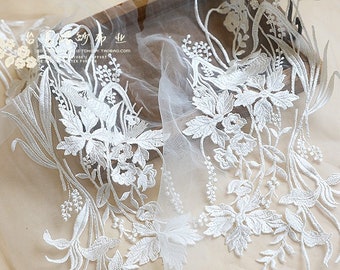 1 Pair Clear Sequin Gorgeous ivory bridal lace applique, wedding gown applique lace patch motif