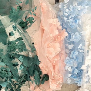 3D Full Blossom Flower Tulle Lace Fabric in Blush , Wedding Gown Bridal Dress Prom Dress Fabric by Yard