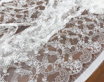 3 yards off white Chantilly lace fabric, bridal chantilly lace, French lace fabric with scalloped borders, ivory lace fabric with eyelash